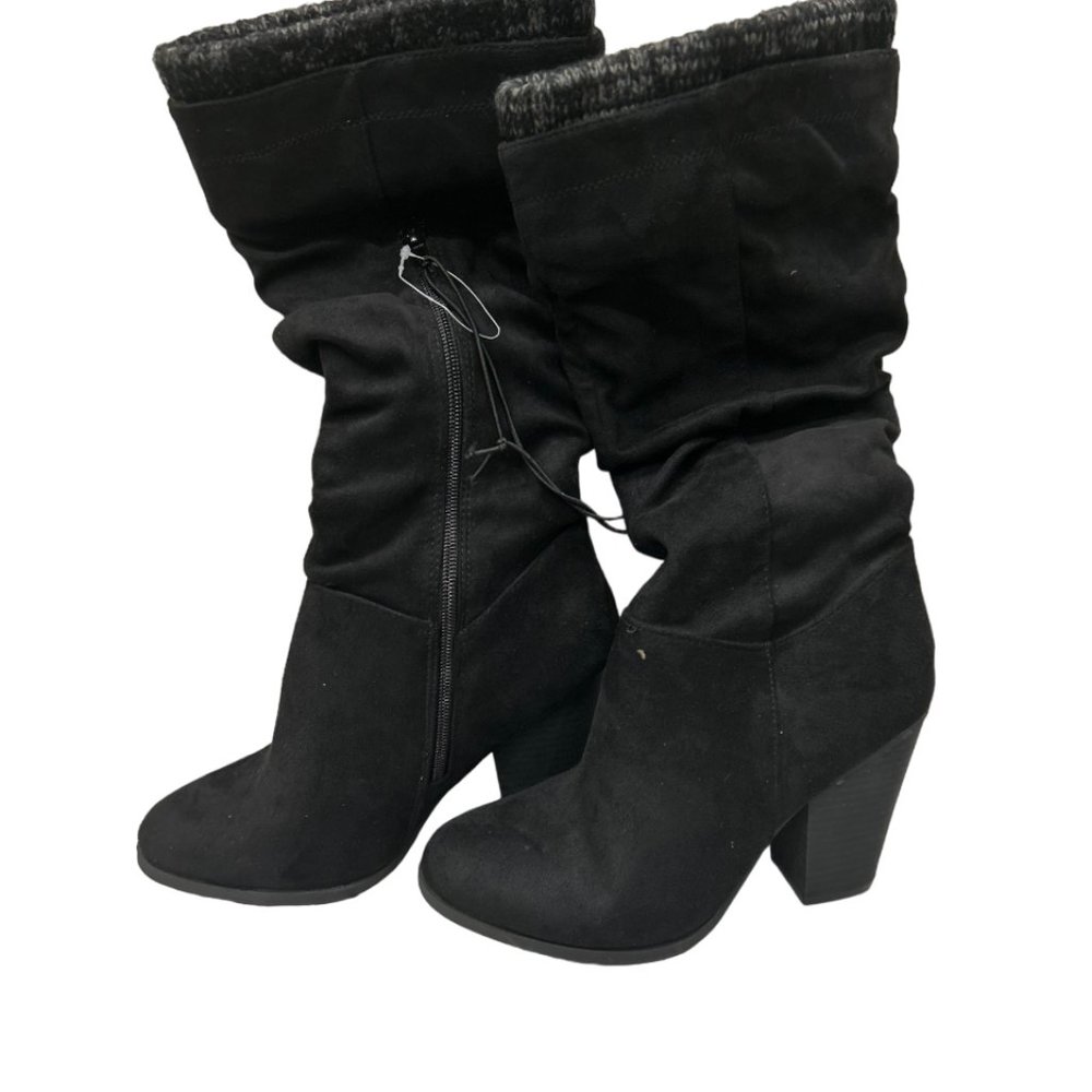 George Mid-Calf Faux Suede Black Boots Warm Insert, 4in Chunky Heel NEW